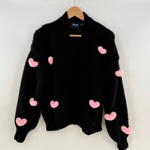 Anthropologie Maeve Susannah 3D Heart Cardigan Sweater Black Pink OS